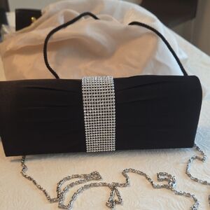 NWT Chic Black SATIN Clutch with rhinestone Detailing